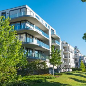 Modern apartment houses with garden seen in Berlin, Germany